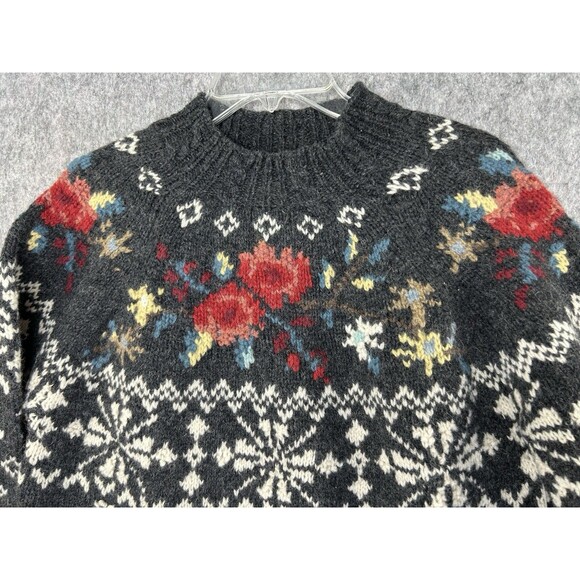 Nordic Traditional Hand Knit Shetland Wool Pullover Fair Isle Gray Rose Size M - Picture 3 of 9